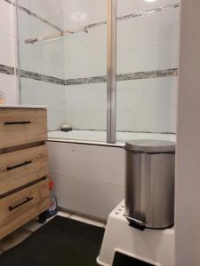 a kitchen with a trash can and a sink at Mon nid d'or JOIGNY FRANCE in Joigny +21 photos