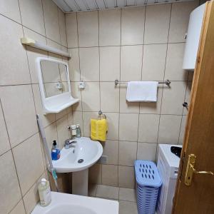 ein kleines Bad mit einem Waschbecken und einem Spiegel in der Unterkunft Sunshine Apartment Podgorica in Podgorica
