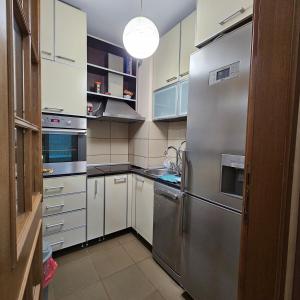 eine Küche mit einem Kühlschrank aus Edelstahl und weißen Schränken in der Unterkunft Sunshine Apartment Podgorica in Podgorica