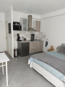 ein Schlafzimmer mit einem Bett und einer Küche darin in der Unterkunft STUDIO n°A02 Résidence les Thermes in Digne-les-Bains