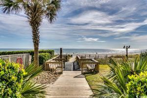 a wooden pathway to the beach with a palm tree at Oceanfront ,Modern, Luxury, Carolinian Resort in Myrtle Beach