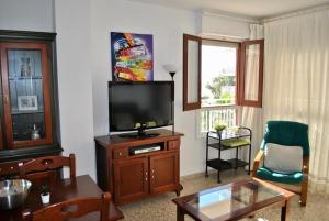 sala de estar con TV en un armario de madera en Apartamento Benicasim 1ª línea de playa, en Benicàssim