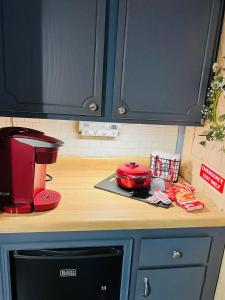 a kitchen counter with a red appliance on a counter top at Homesteading at 55 main in Stamford