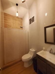 bagno con servizi igienici, lavandino e specchio di Casa Patrones Cuatrociénegas a Cuatrociénegas de Carranza