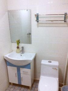 y baño con aseo, lavabo y espejo. en Huashan Gehui Hotel, en Huayin