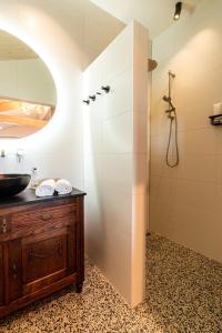 a bathroom with a sink and a shower at B&B De NieuwenHof 'De Voorkamer' in Melderslo