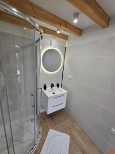 a bathroom with a glass shower and a sink at Elizjum pod Śnieżką in Bukowiec