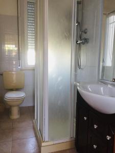 e bagno con servizi igienici, lavandino e doccia. di CountryHome - Casale 32 - Intera Villa a Moscufo