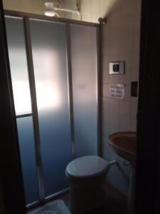 uma casa de banho com um chuveiro, um WC e um lavatório. em Amaencanto em Paty do Alferes