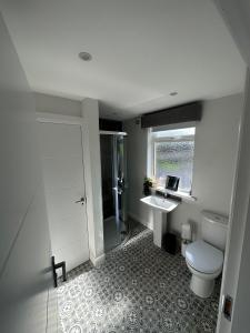 y baño con aseo, ducha y lavamanos. en Westland Suites - Stylish, Modern, Elegant, Central Apartments A, en Derry Londonderry