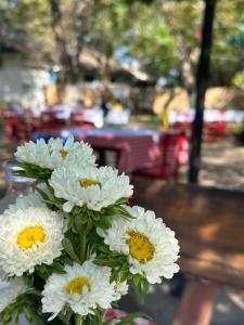 a bouquet of white flowers in front of a table at Vila Gorska in Žabljak