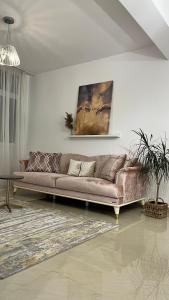 a living room with a brown couch in a room at Green Divine Apartament in Popeşti-Leordeni