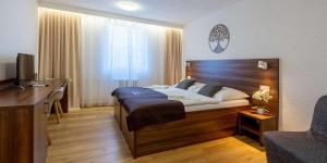 a bedroom with a bed and a desk and a television at WX Hotel in Bratislava