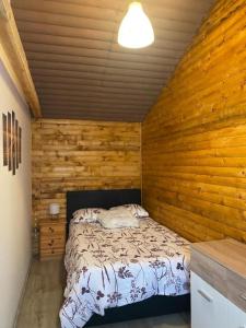 ein Schlafzimmer mit einem Bett in einer Holzwand in der Unterkunft Horizonti Miroc in Donji Milanovac