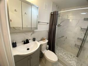 y baño con aseo, lavabo y ducha. en Cozy Boston Getaway Apartment en Boston