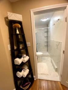 a bathroom with a shelf with towels and a toilet at Cozy Boston Getaway Apartment in Boston