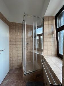 W łazience znajduje się prysznic ze szklanymi drzwiami. w obiekcie City Appartement A zur ewigen Lampe dritte Etage in ein historisches Denkmalschutz mit Garage w mieście Brühl