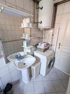 y baño con lavadora y lavamanos. en Duplex House, en Bijeljina