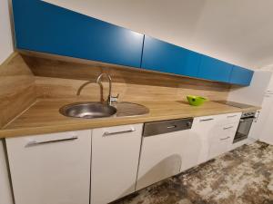 um balcão de cozinha com um lavatório e armários azuis em Sovran's dream 2bedroom Apt 10min wak from center em Pristina