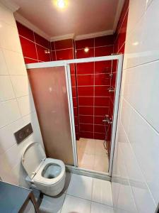 e bagno con servizi igienici e doccia con pareti rosse. di Şirinevler Büyük Daire a Istanbul