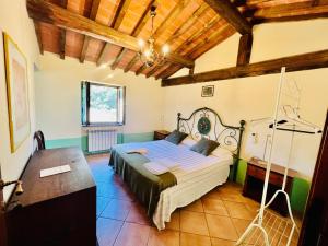 ein Schlafzimmer mit einem Bett in einem Zimmer mit Holzdecken in der Unterkunft B&B VALLE D'ORO in Ansedónia