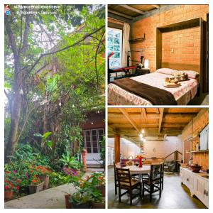 dos fotos de una habitación con una cama y un árbol en Pousada Villa Morena en Florianópolis