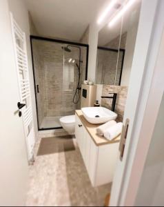 ein Bad mit einem WC, einem Waschbecken und einer Dusche in der Unterkunft Studio Sea View - Royal Ascot in Ostende