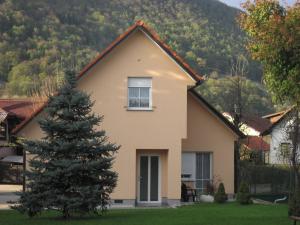 ein Haus mit einem Weihnachtsbaum davor in der Unterkunft Apartmaji in sobe RaMar in Straža