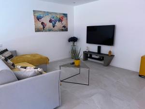 uma sala de estar com um sofá e uma televisão de ecrã plano em Le Cristal Montvernier em Montvernier