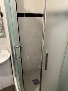 a shower with a glass door in a bathroom at Apartments Airport Golubovci in Podgorica