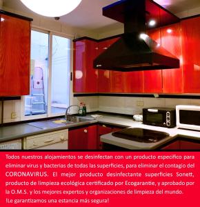 マドリードにあるBOOKINGHAM ★Apartaments & Suitesのキッチン(赤いキャビネット、電子レンジ付)
