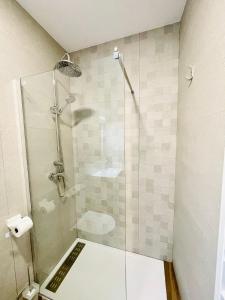 a shower with a glass door in a bathroom at Apartamentos Rurales La Plaza 1 in Duruelo de la Sierra