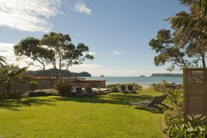 einen Garten mit Stühlen und das Meer im Hintergrund in der Unterkunft Beachfront Resort in Whitianga