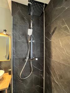 een douche met een föhn in de badkamer bij Studio - La parenthèse Valognaise in Valognes
