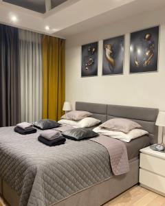 a bedroom with a bed with three pillows on it at Alpha apartment in Zagreb