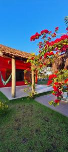 um edifício vermelho com uma árvore com flores vermelhas em Casa Pitaya em Corumbau