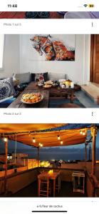 dwa zdjęcia salonu ze stołem w obiekcie Fleur de cactus, Guesthouse, Tamraght w mieście Agadir