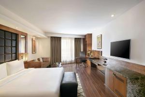 um grande quarto de hotel com uma sala de estar em Radisson Blu Plaza Delhi Airport em Nova Deli