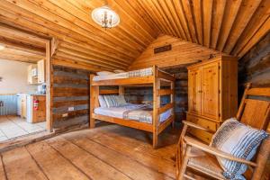 Lake George的住宿－New! Charming Cabin in Colorado National Forest，小木屋内一间卧室(带双层床)