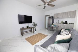 uma sala de estar com um sofá e uma cozinha em Lux Ramey Cir D 2 king bed w/Wi-Fi near airport. em Aguadilla