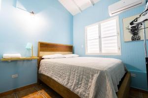 een blauwe slaapkamer met een bed en een raam bij Jobos Beach Apt #1 near food truck and beach . in Isabela