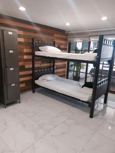 メキシコシティにあるHostal Boutique de Veneciaの木製の壁の客室で、二段ベッド2組が備わります。