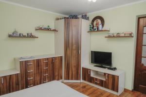 una sala de estar con TV y armarios de madera. en Фенікс, en Yaremche