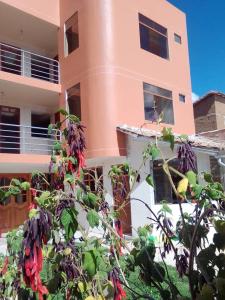 um edifício cor-de-rosa com uma planta à frente dele em Casa Tejedora em Chincheros