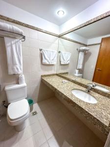 a bathroom with a toilet and a sink and a mirror at Flat 213 - Comfort Hotel Taguatinga in Taguatinga