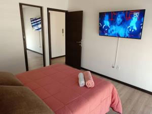 1 dormitorio con 1 cama y TV en la pared en Hermoso Dpto. con ubicación excepcional(cala coto) en La Paz