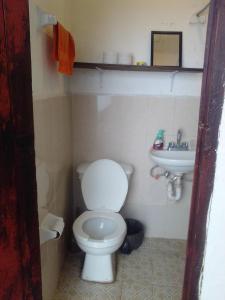 La petite salle de bains est pourvue de toilettes et d'un lavabo. dans l'établissement El Rinconcito de San Cris, à San Cristóbal de Las Casas