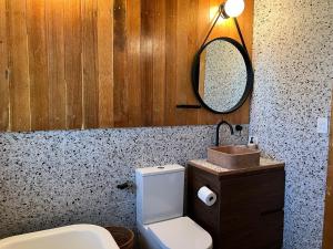 a bathroom with a toilet and a sink and a mirror at The Green House Dening Street Robe in Robe +26 photos