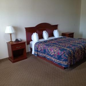ein Hotelzimmer mit einem Bett mit Kissen und einer Lampe in der Unterkunft HiWay Inn Express in Coalgate