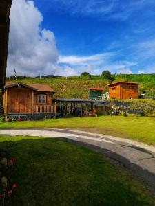 ein Haus in der Mitte eines Feldes neben einem Gebäude in der Unterkunft Hotel Cabañas y Mirador Secret Garden CR in Cartago